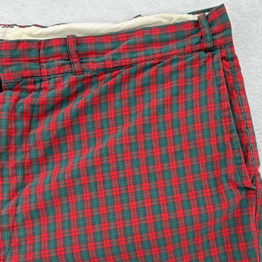 Vintage Red Green Plaid Cinch Back Shorts Men SZ 37 Flat Front Preppy Streetwear